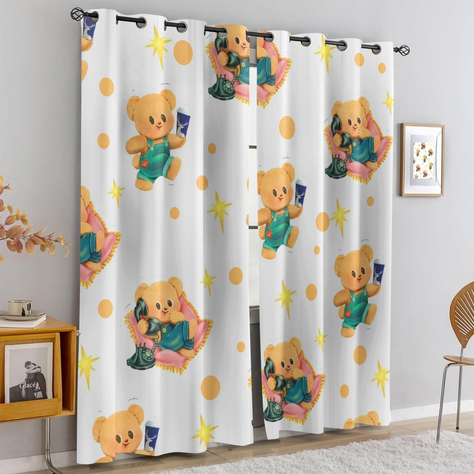 2 Pcs Cute Cartoon Bear 80% Blackout Curtains, Kawaii Teddy Bear Polyester Curtains for Kids Room & Nursery, Ideal Gift for Bear-Loving Kids