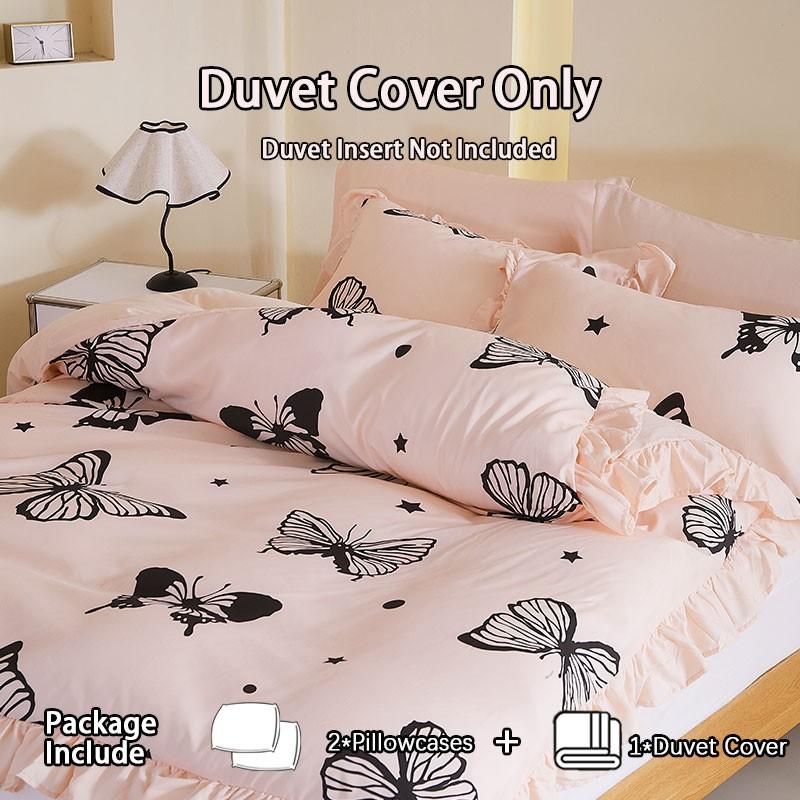 3-Piece Pink Butterfly Print Ruffled Bedding Duvet Cover Set includes 1 ruffled duvet cover and 2 pillowcases (without inserts).The duvet cover is designed with a zipper for easy removal and washing.