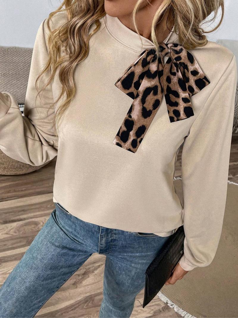 Women's Casual Leopard Print Tie Neck Long Sleeve Sweatshirt, All Seasons Fitted Sporty Pullover, Fashion Color Block Design
