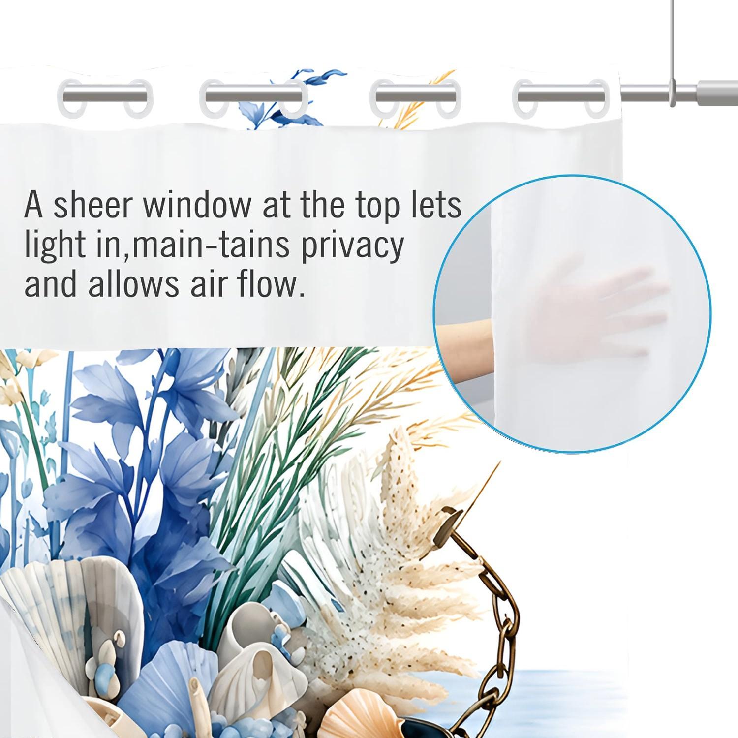 LVRLVR 1pc Coastal Nautical Blue Seashell Starfish Summer Bathroom Aesthetic Shower Curtain, Beach Watercolor Print, Sheer Top Window, Detachable Liner & No Hook C-Ring, 70.8" x 74"