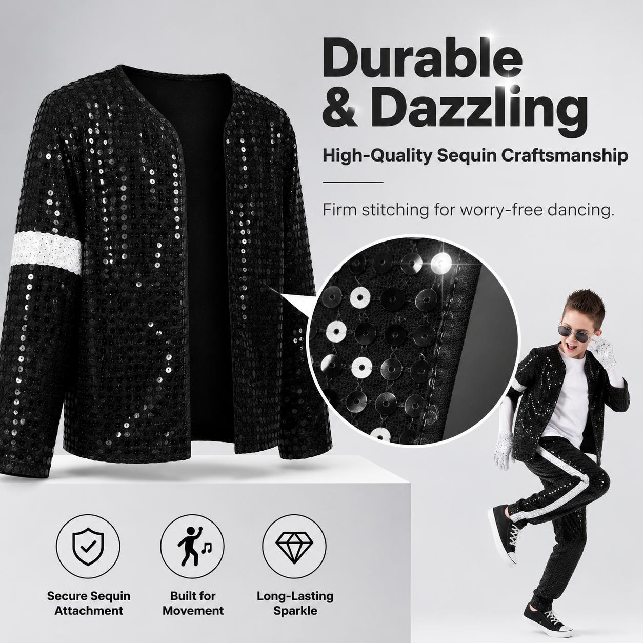 Boys' Hip Hop Dance Costume, 7-Piece Black & Silver Glitter Sequin Fabric Outfit, Stage Ready for Talent Shows, Loose Fit Pants, Matching Activewear Set, Sporty Sports Clothing Sets,back to school,back to school haul