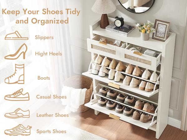 PieDle Furniture Boho-Chic Rattan Shoe Storage with Drawers for Home Entries