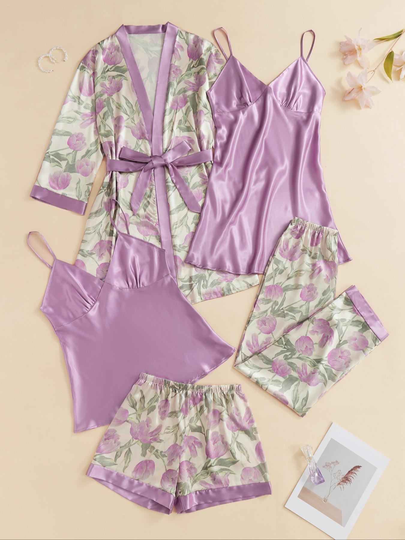 5 Piece Set Women's Satin Chic Floral & Plants Print Nightwear Pajama Set, Fall Clothes, Comfort Adjustable Strap Camisoles & Pj Pants & Shorts & Belted Lounge Robe Pjs Set, Homewear Set, Pyjamas for Women, Womenswear, Loungewear