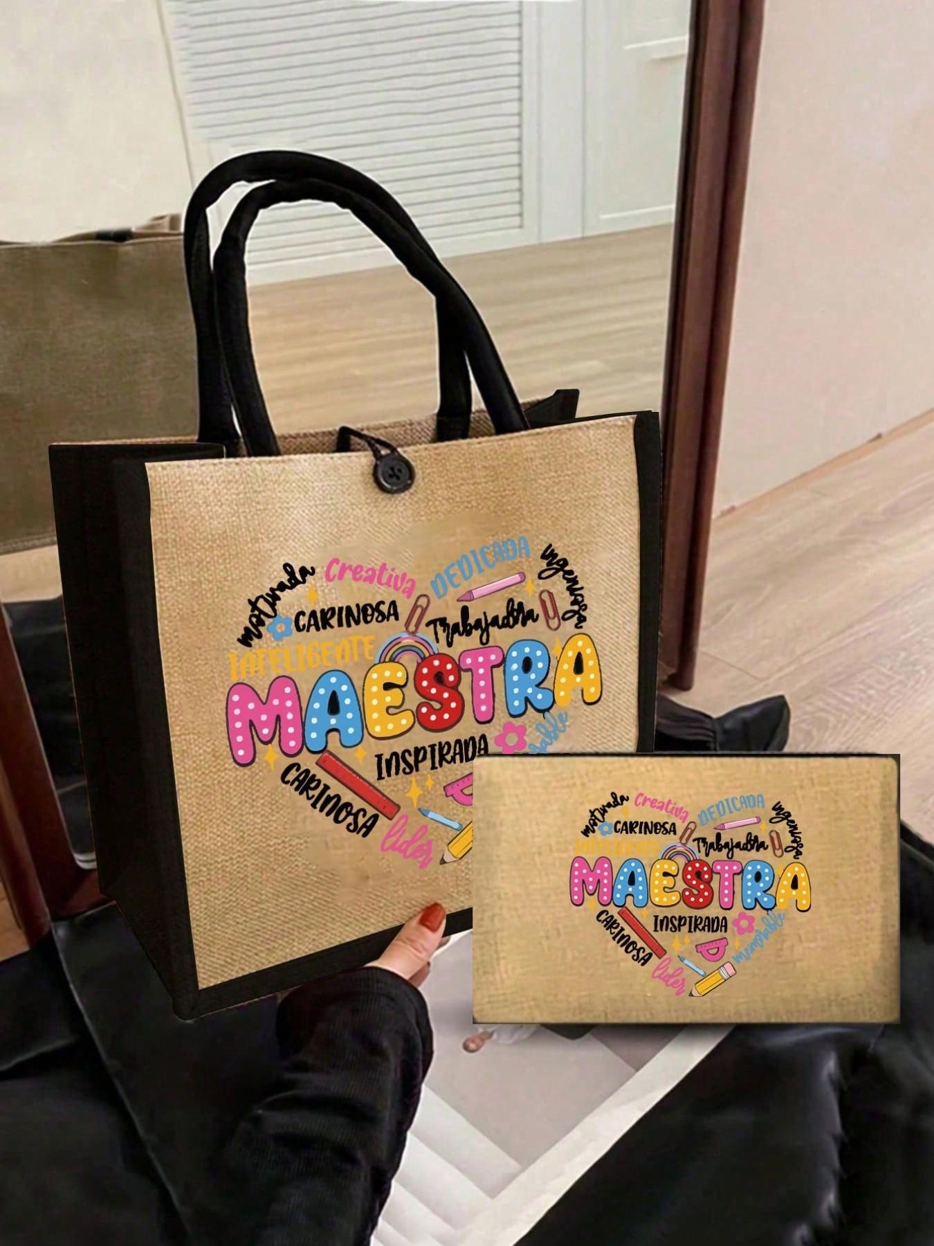 Maestra Theme Tote Bag and Makeup Pouch Set, Large Capacity Linen Shopping Bag, Heart Pattern, Cosmetic Organizer, Casual All-Season Style