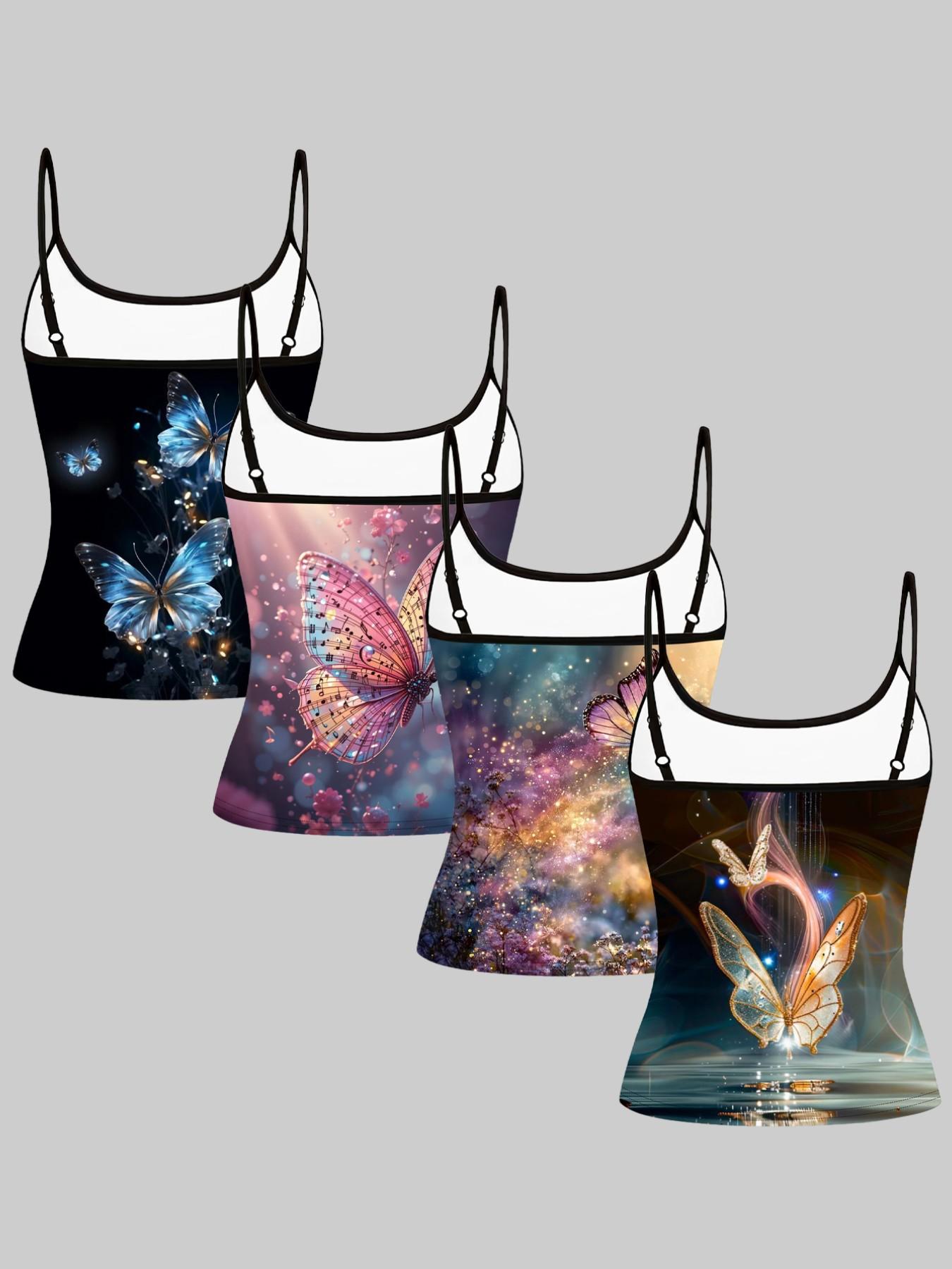 Dreamy Butterfly Note Print Straps, Summer Home Sleepwear Outer Wear, Unique Slim-Fitting Top, Four-Piece Set, Casual Style