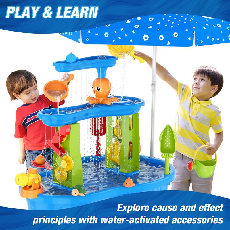 3-Tier Water Table for Toddlers,Summer Showers Splash Tower Water Table for Kids,Water Toys with Umbrella,Suit for Outdoor/Indoor Sensory Toys for Kids,Birthday Christmas Halloween Gift for Boys & Girls