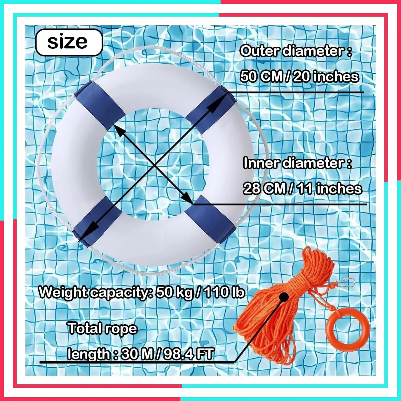 20 Inch Throwable Life Preserver Ring with 98.4FT Floating Rescue Rope - Emergency Flotation Device for Boating, Pool, Lake & Beach - Swim Foam Buoy with Perimeter Line Kit