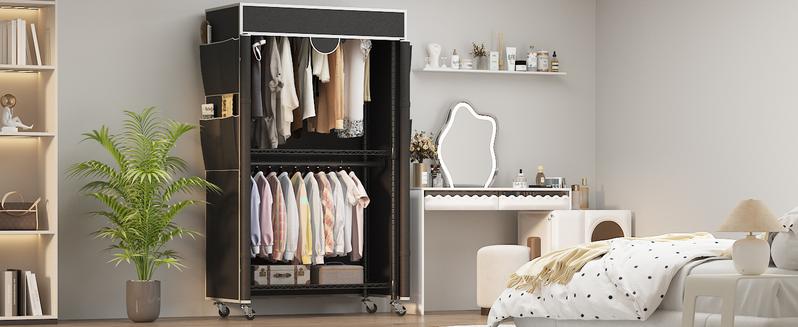 Heavy Duty Clothes Rack with Oxford Fabric Cover, Metal Garment Rack with 2 Hanging Rods, Closet Wardrobe with Wheels & Leveling Feet, Black/Gray Cover