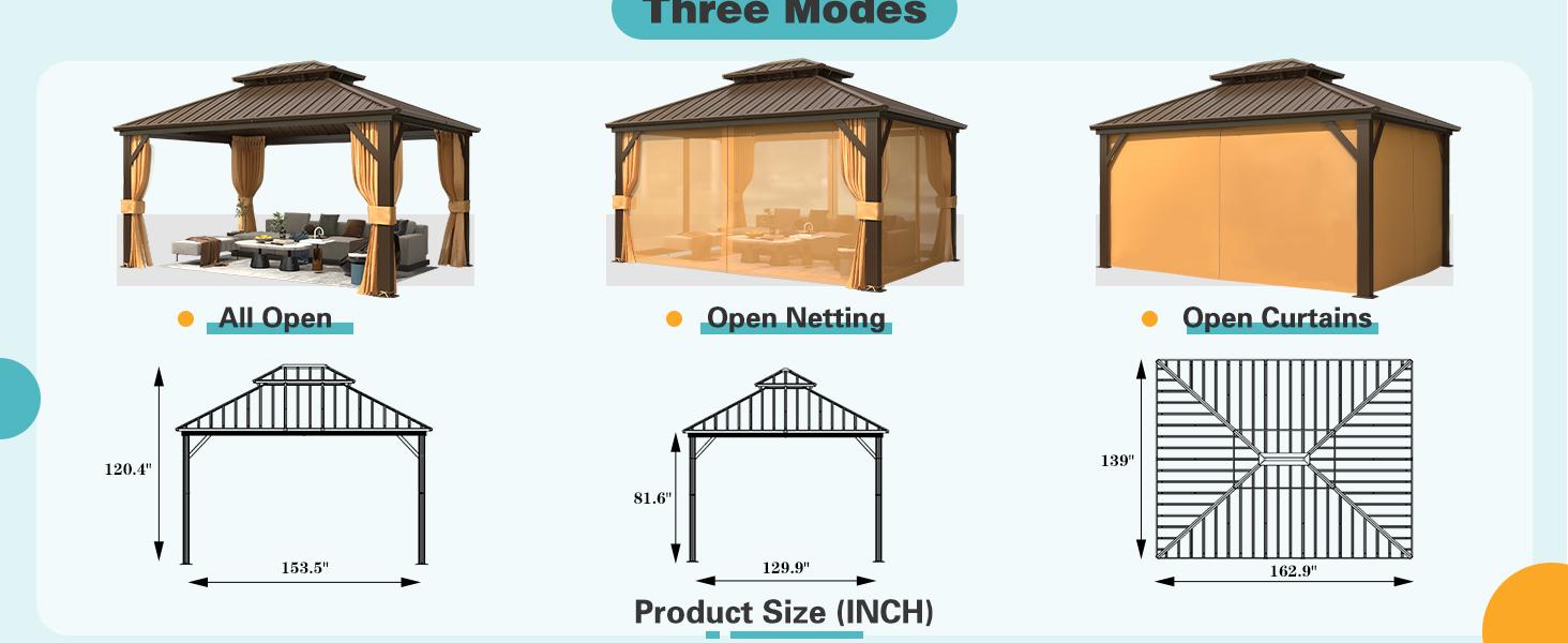 EROMMY Hardtop Gazebo with Galvanized Steel Roof, Double Metal Roof Gazebo with Aluminum Frame, Outdoor Gazebo with Curtains and Nettings, Canopy and Sunshade for Patio, Lawns, Backyard,Outdoor Furniture on Clearence