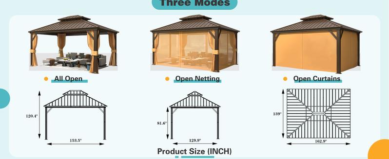 EROMMY Hardtop Gazebo with Galvanized Steel Roof, Double Metal Roof Gazebo with Aluminum Frame, Outdoor Gazebo with Curtains and Nettings, Canopy and Sunshade for Patio, Lawns, Backyard,Outdoor Furniture on Clearence