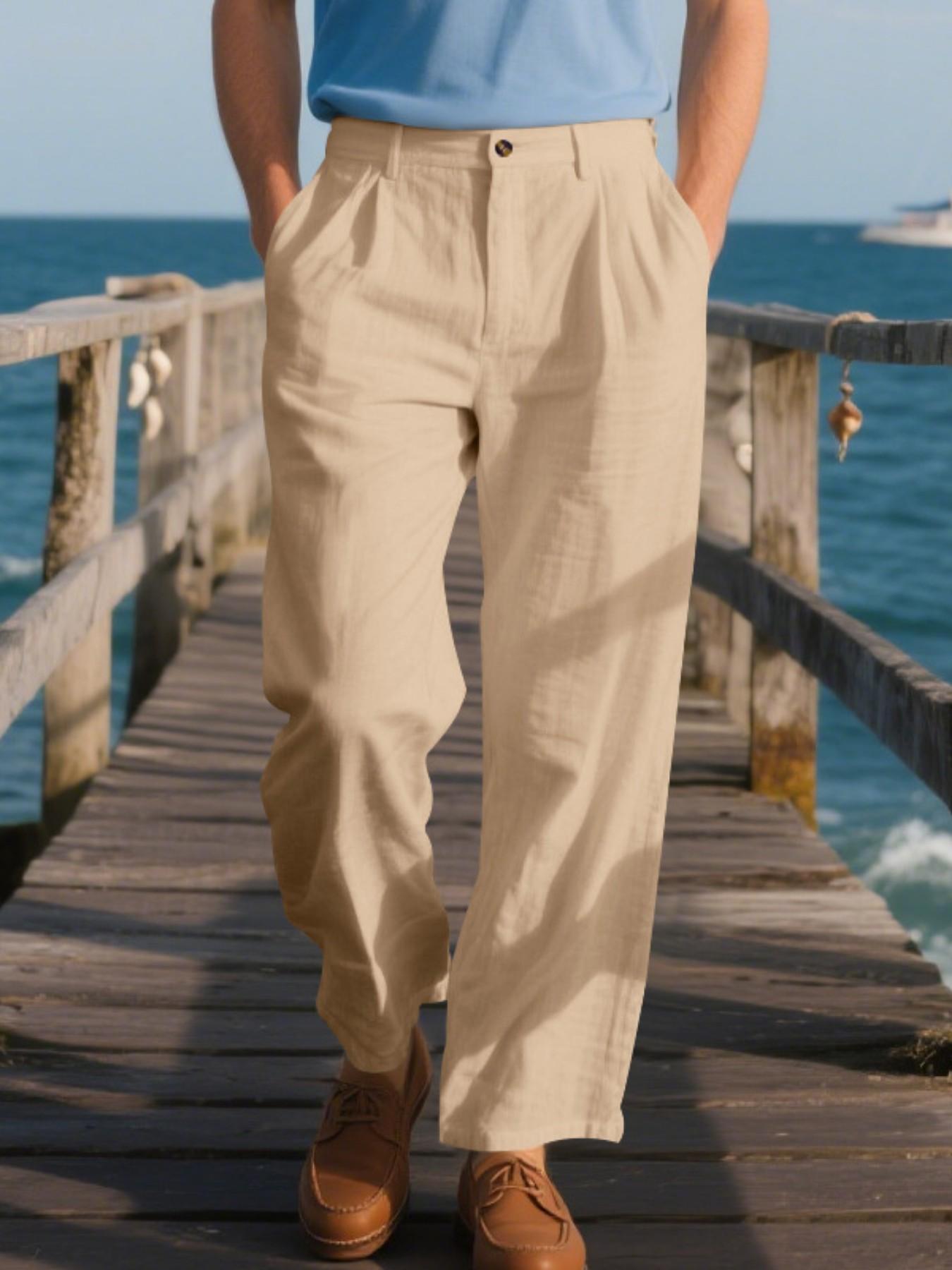 Men's Pleated Linen Breathable Straight Leg Casual Comfy Trouser, Single Button Front, Loose Fit, Relaxed Fit, Beach Vacation, Business, Solid Color, Multicolor