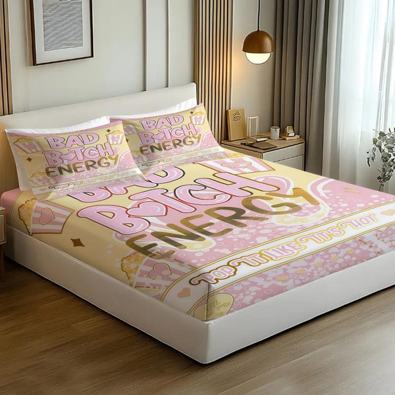 Bad B♥TCH ENERGY Theme Bed Sheet, Fruit/Dessert Pattern Bedding Set, Soft, Comfortable and Easy to Care for Bedding, Made of Allergy Resistant Material All Year Round, Including 1 Bed Sheet and 2 Pillowcases