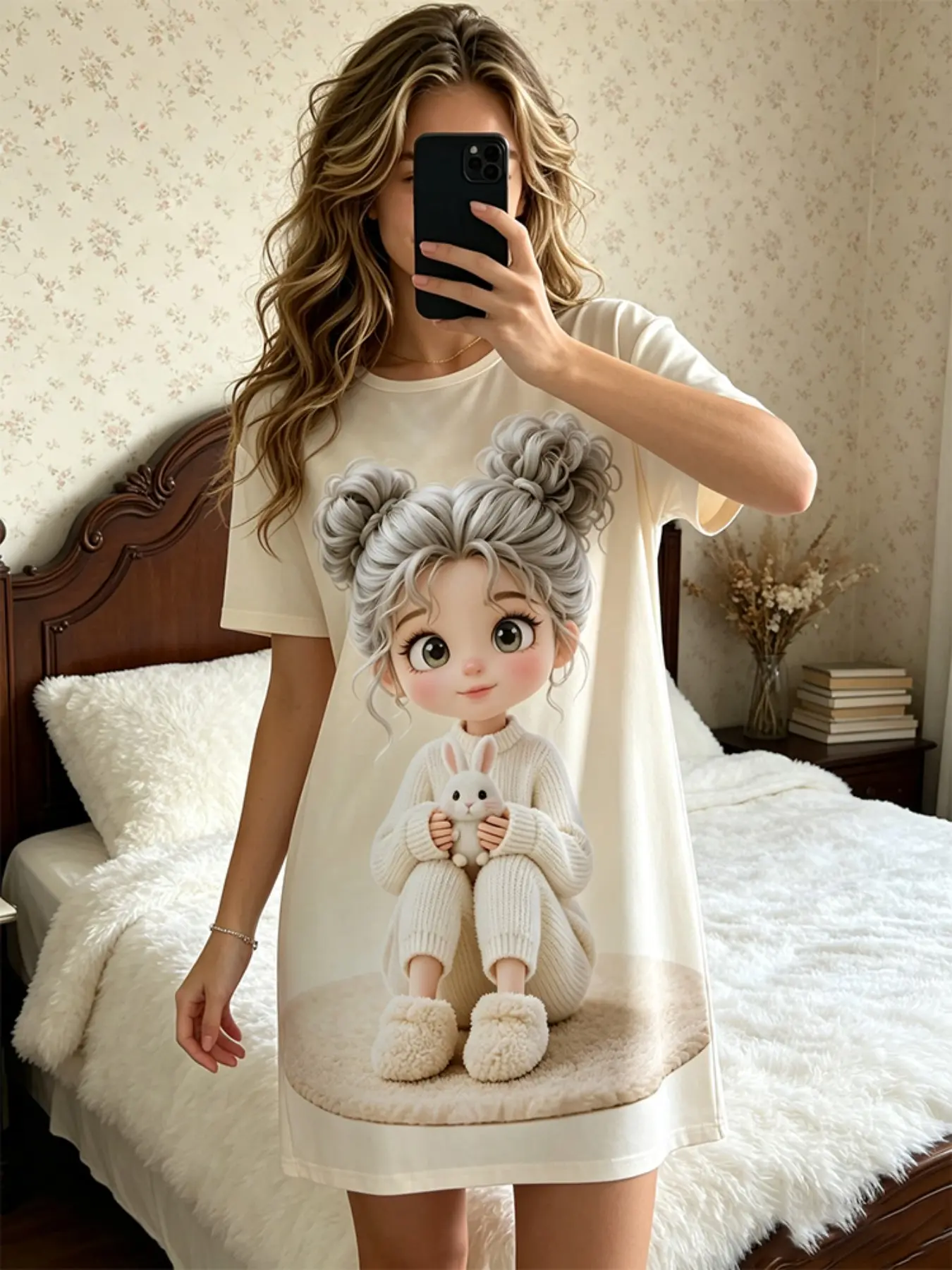 Women's Summer Short Sleeve Sleep Dress, Peach Color, Cute Rabbit Print, Soft Breathable, Loose Fit, Casual Home Wear, Pj266-8688