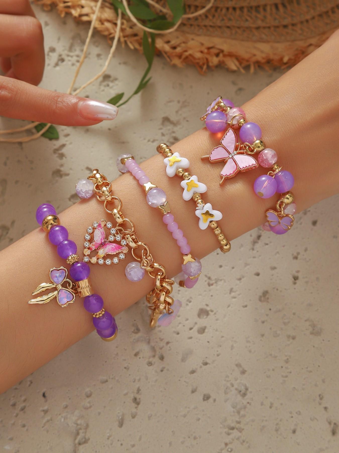 5Pcs Purple Butterfly Beaded Charm Bracelet Stack Set, Multi-Piece Stretchable Layered Bracelets with Gold Tone, Y2K Boho Style, Perfect for Daily Wear, Festival, Beach, Casual & Formal Occasions
