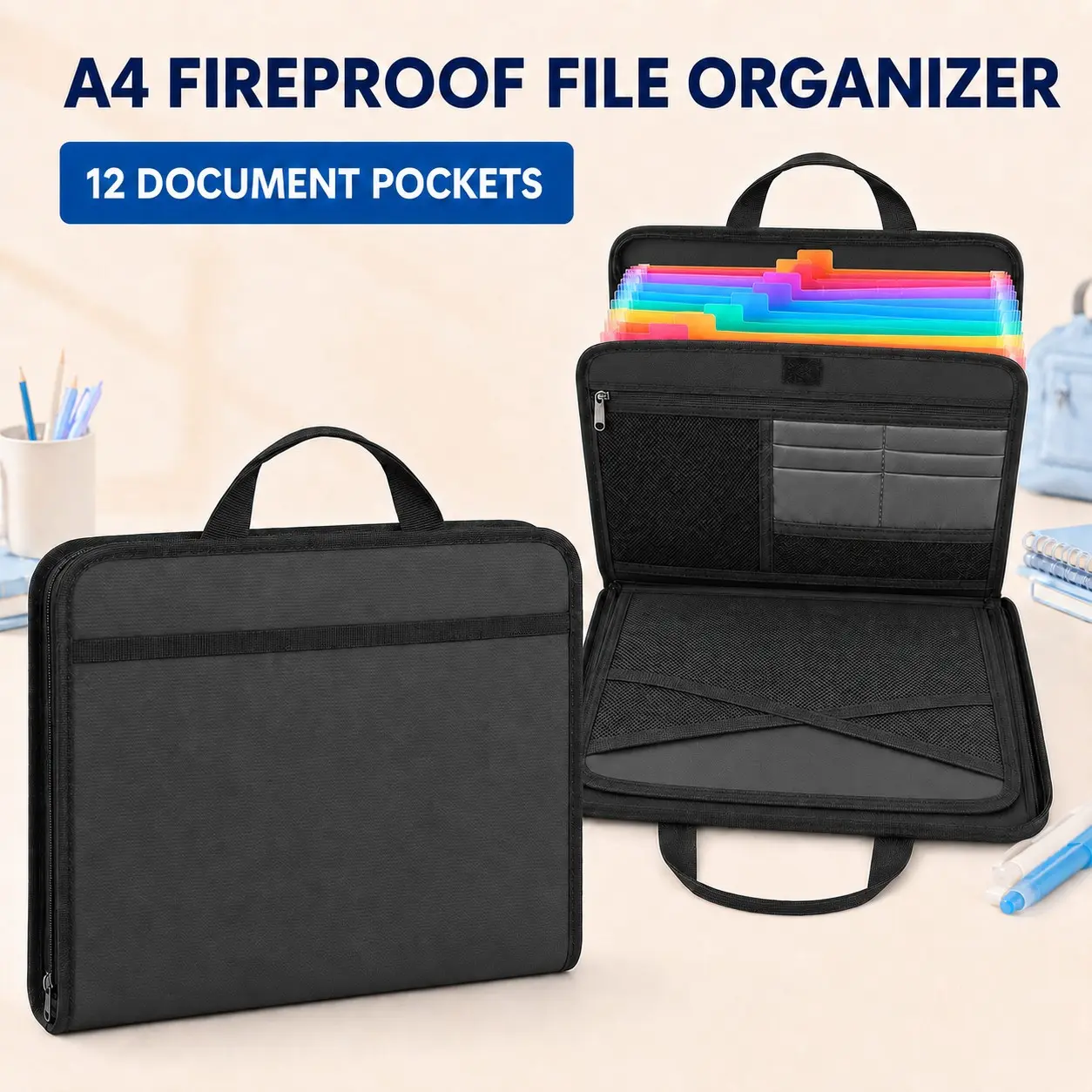 2027 Fireproof File Folder with Handle, Large-Capacity A4 Document Bag, Document Storage Bag & Paper Organizer, Office Stationery & Supplies Back to School Christmas gitfs
