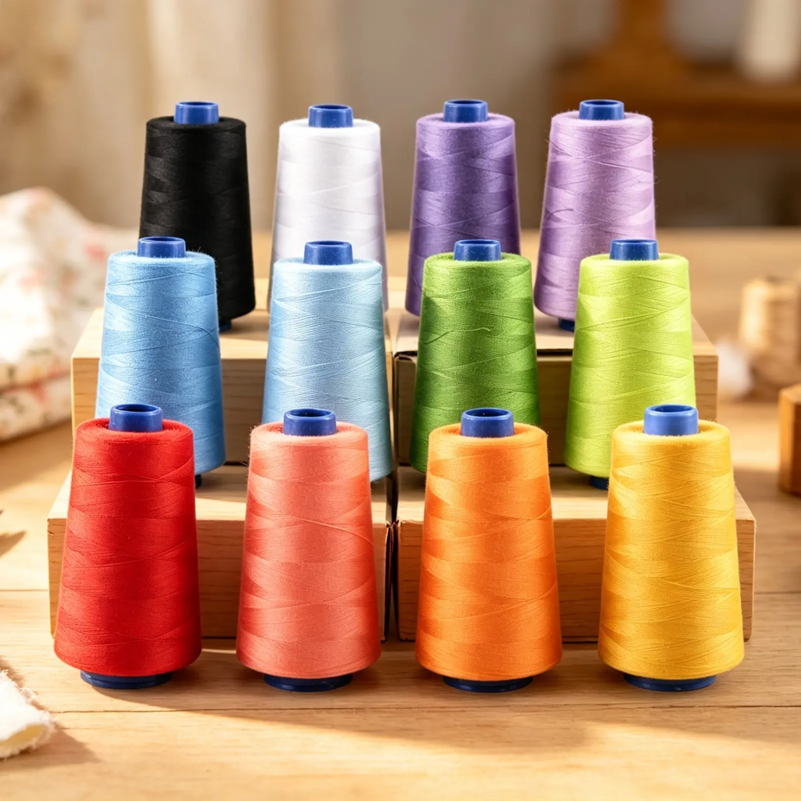 Heavy-Duty Polyester Sewing Thread Set - 2 Spools (3150 Yds/Spool, 6300 Yds Total) - White, Black, Yellow, Green, Blue, Red, Purple - Suitable for Machine/Hand Sewing, Quilting
