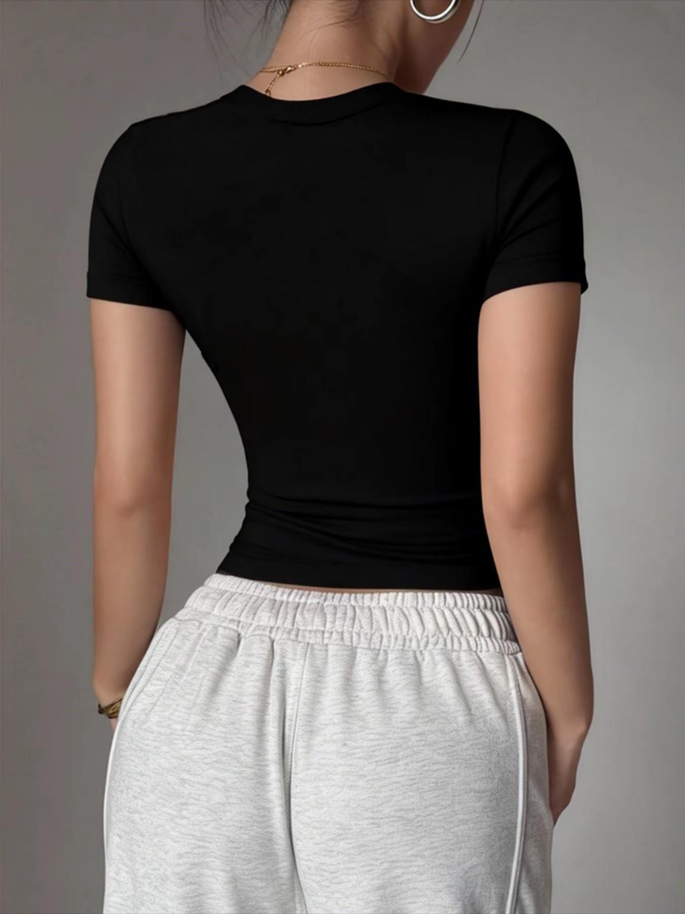 Women's Round Neck Short Sleeve Stretchy Soft Fitted Yoga Pilates Casual Wear, Comfortable Elastic Fabric Design, Ideal for Daily Use