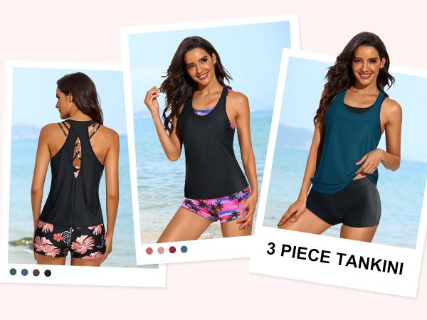 Tempt Me Three Piece Tankini Swimsuits for Women Athletic Bathing Suits Swim Tank Top with Boy Shorts and Bra Modest Swimwear