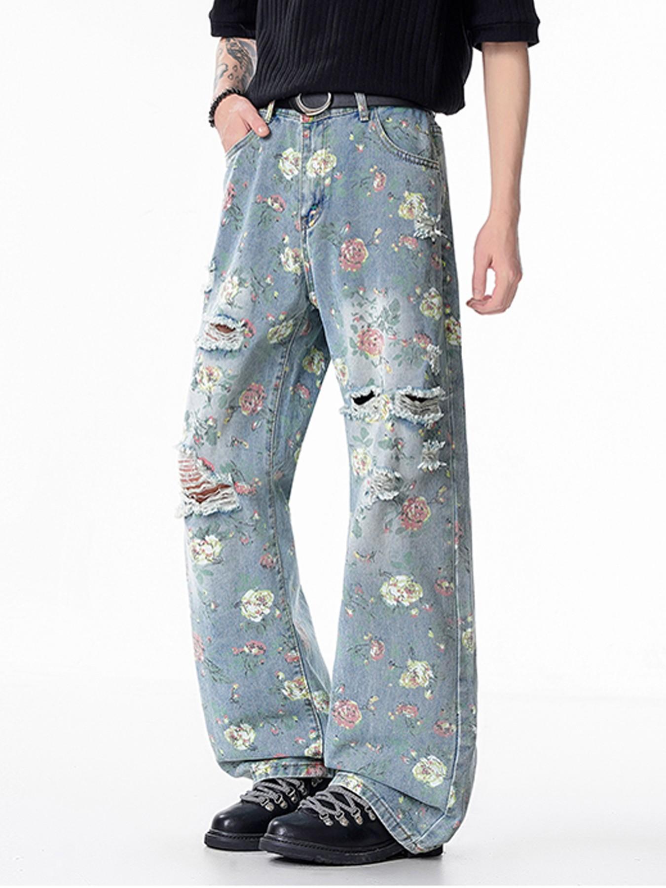 Men’s Light Blue Floral Print Baggy Jeans with Distressed Ripped Details, Wide Leg Y2K Streetwear Denim Pants