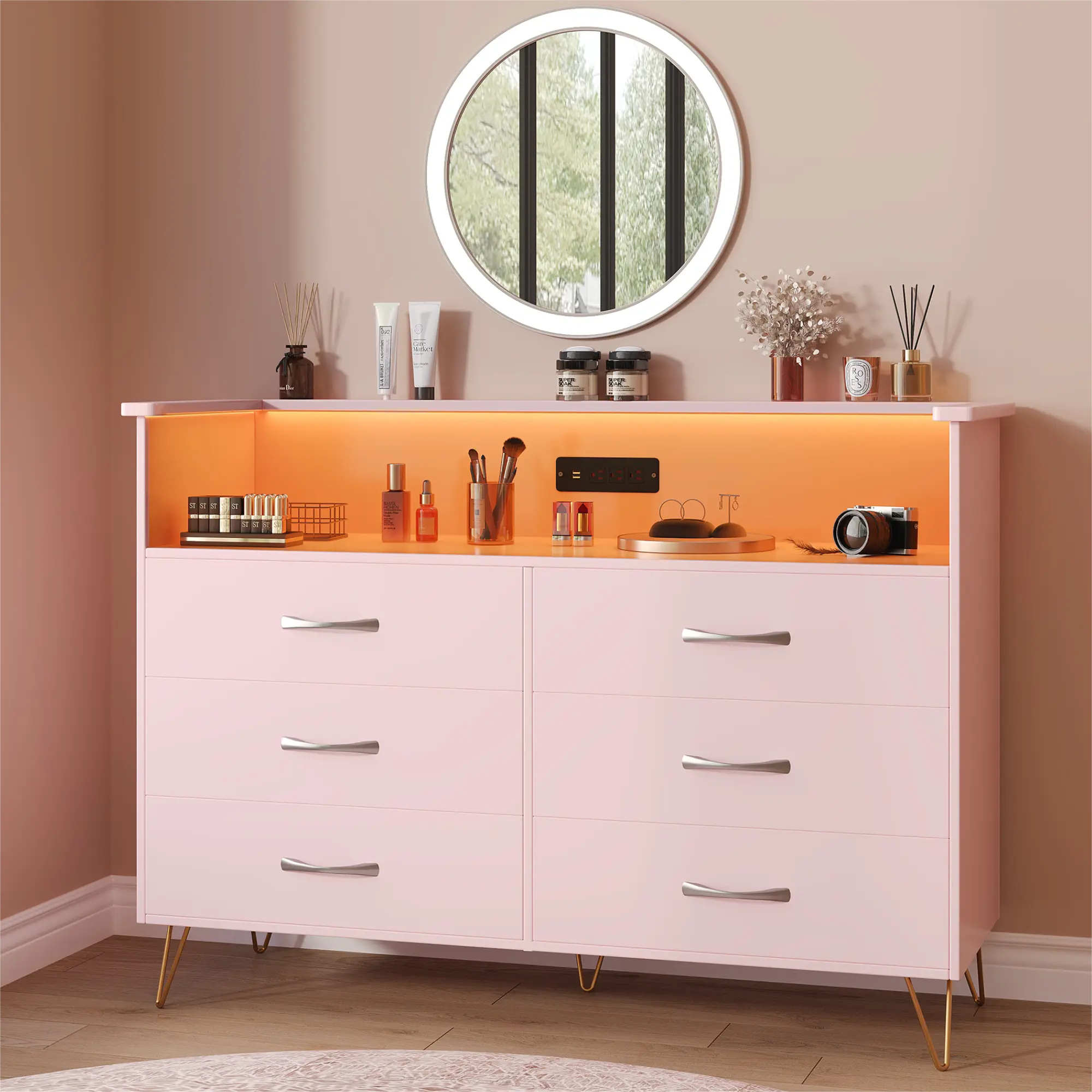 Modern Pink 6 Drawer Dresser with LED Light & Charging Station – Wide Wood Chest of Drawers with USB Port, Double Dresser Storage for Clothes, Living Room, TV Stand