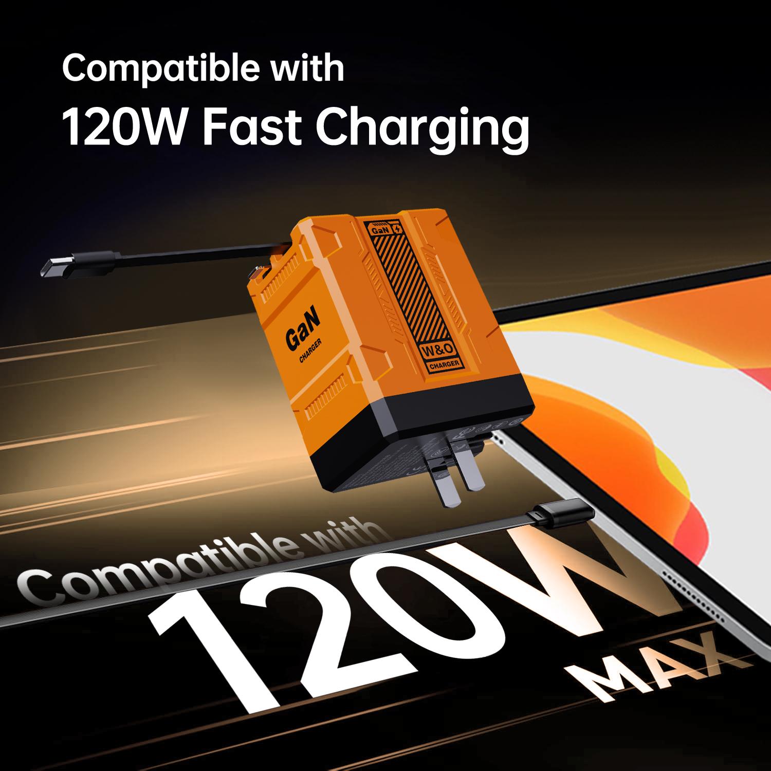 W&O Compatible with 120W GaN Fast Charger | Retractable Type-C & Lightning Cables |Foldable Adapter for iPhone 16, iPad, MacBook, Multi-Device Fast Charging
