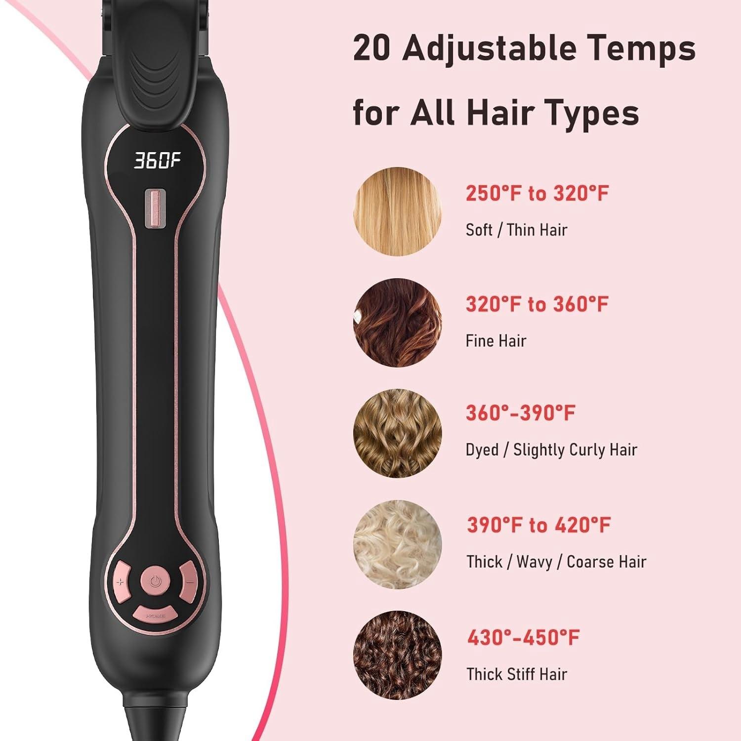 Rotating Curling Iron - An automatic curling iron with dual voltage that is suitable for all hair types. It's a fast and effortless auto curling wand which heats up quickly and features an LCD display with a temperature range from 250°F to 450°F