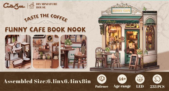 CUTEBEE DIY 3D Book Nook Kit Sunny Cafe – Miniature Wooden House with LED Light, Handmade Alley Bookshelf Decor for Adults | Holiday, Christmas and Black Friday Gift