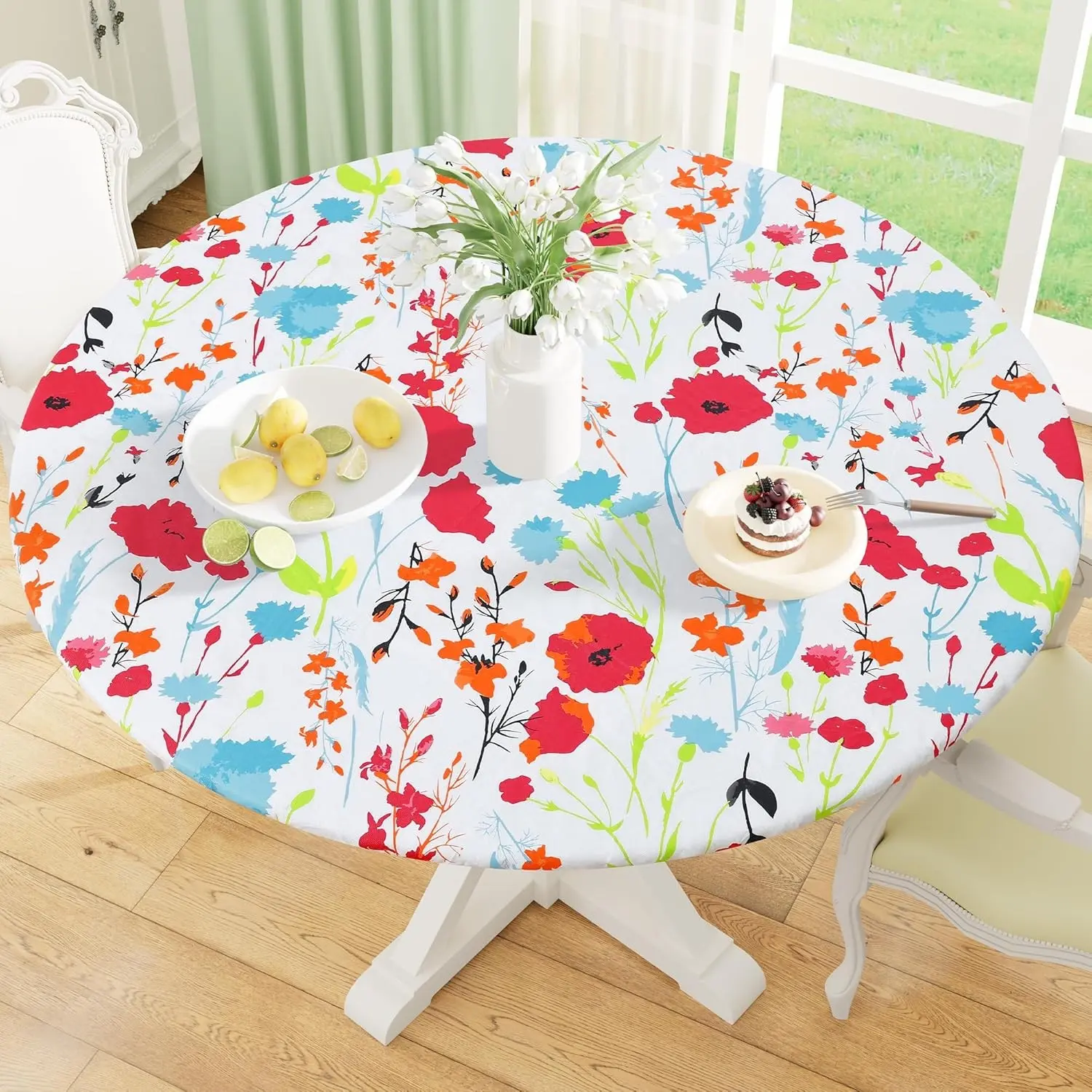 Round Fitted Tablecloth with Elastic Edge, 100% Waterproof Oil Proof Plastic Table Cover, Vinyl Flannel Backed Tablecloth Fits 42"-50" Round Tables for Dinner, Outdoor, Picnic, Flowers