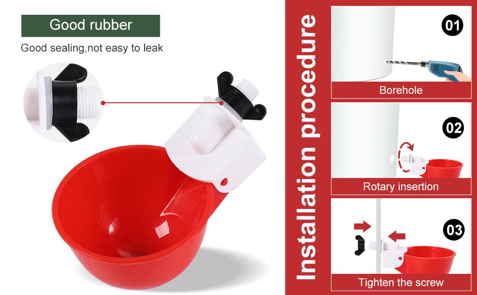 Chicken Waterer Cups (8 Pack/Red) - DIY Automatic Large Chicken Water Feeder for Ducks,Chicks, Turkeys, Quail, Bunny, Bird and Other Various Poultry Dispenser with Matching Drill