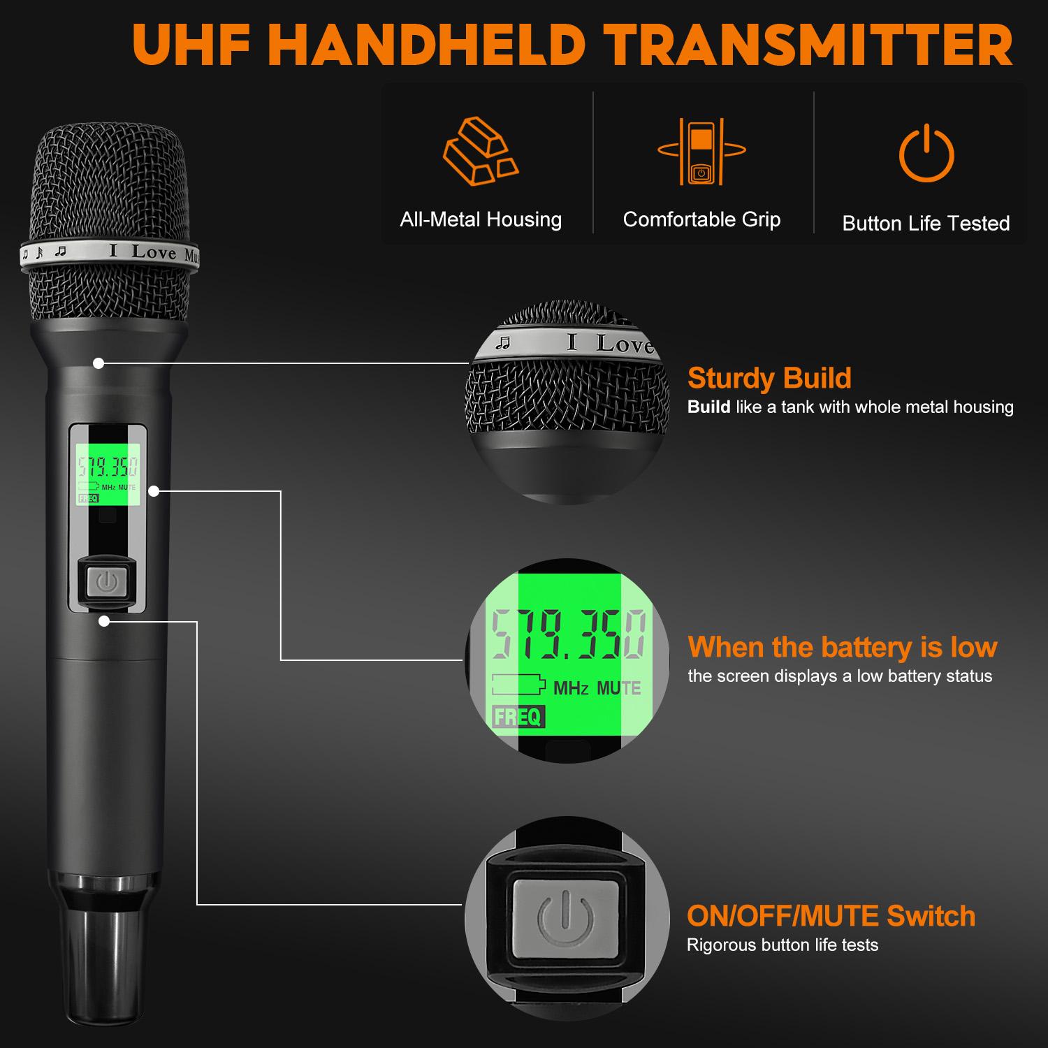 Kaschun Professional 2-Channel Wireless Microphone System, 328ft Long Range, Auto-Scan, 200 Adjustable Frequencies, Dual Handheld Mics for Karaoke, Church, DJ, Party, Singing