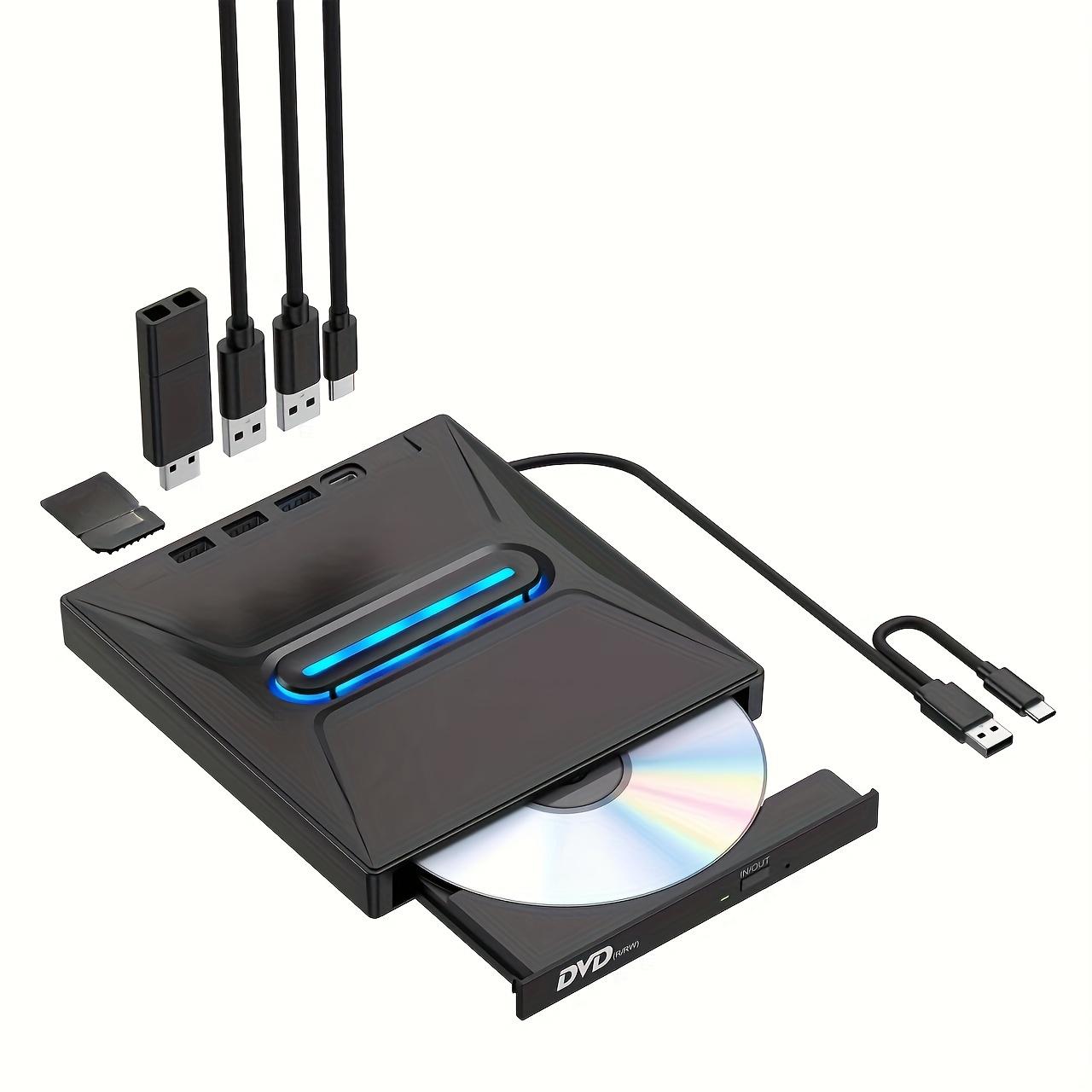 Upgraded Portable External CD DVD Drive, USB-Powered Type-C& USB 3.0 Multi-Function DVD+/-RW Writer/Burner with SD Card Reader, 3-Port USB Hub, Plug& Play for Windows, Linux, Apple OS
