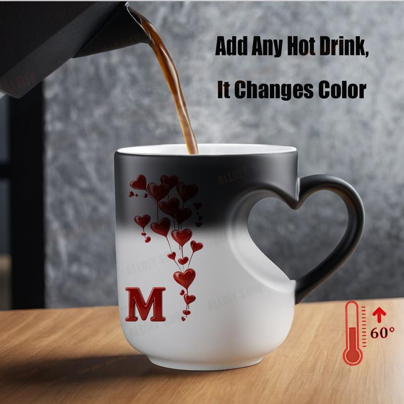 Color Changing Mug A-Z Initial Heart Coffee Cup, Thermosensitive Ceramic Mug with Heart-Shaped Handle, 11 Oz/330 Ml, Valentine's Day Gift