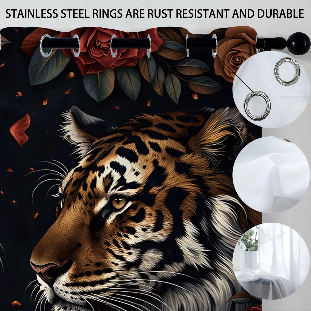 2-piece pack of wild retro style red rose golden leopard tiger print filter translucent curtains suitable for machine washable decorative curtains in living room, bedroom, kitchen, etc.