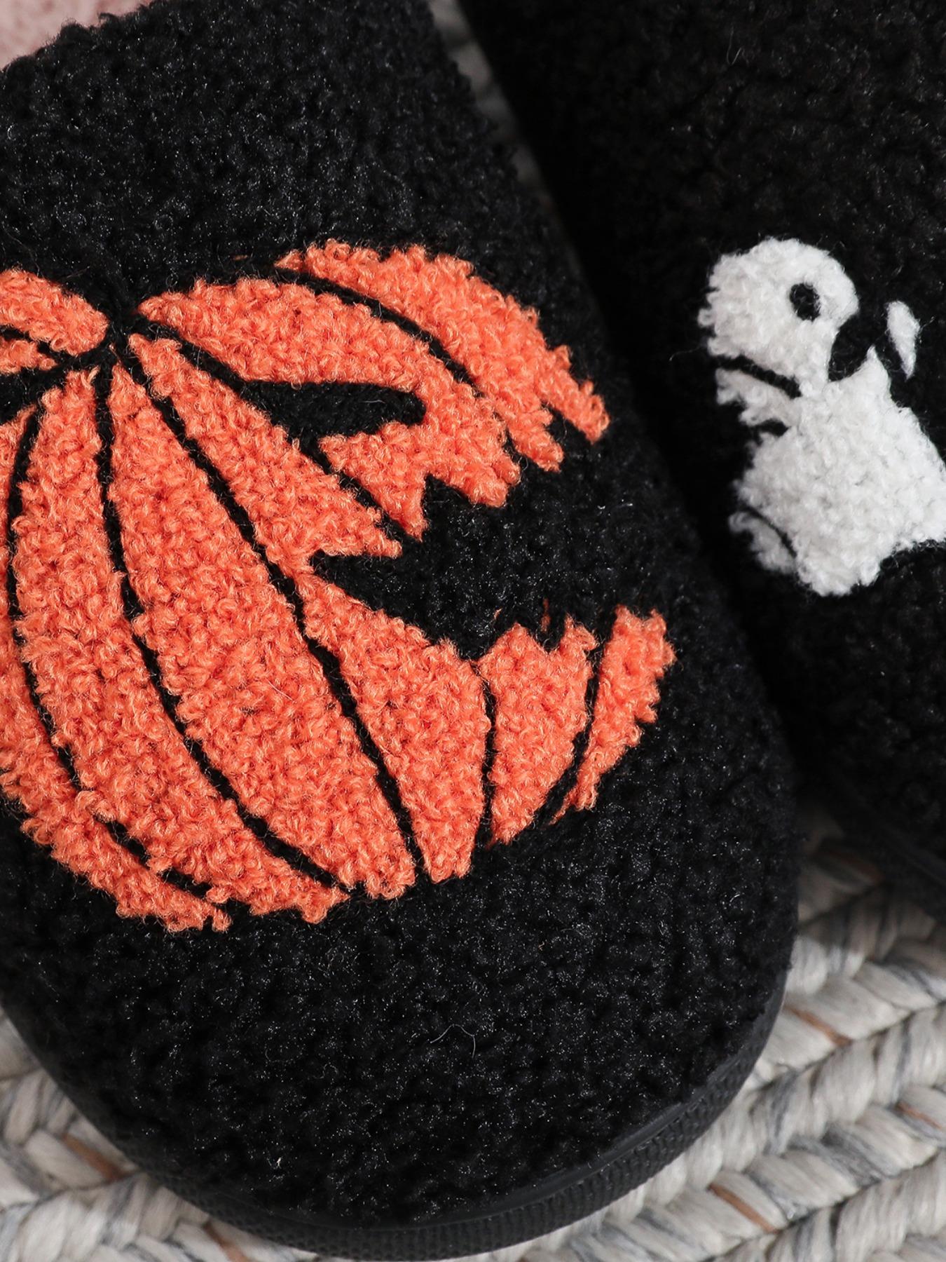 Halloween Pumpkin Ghost Embroidered Plush Slippers, Comfortable Indoor Home Shoes for Men & Women, Black