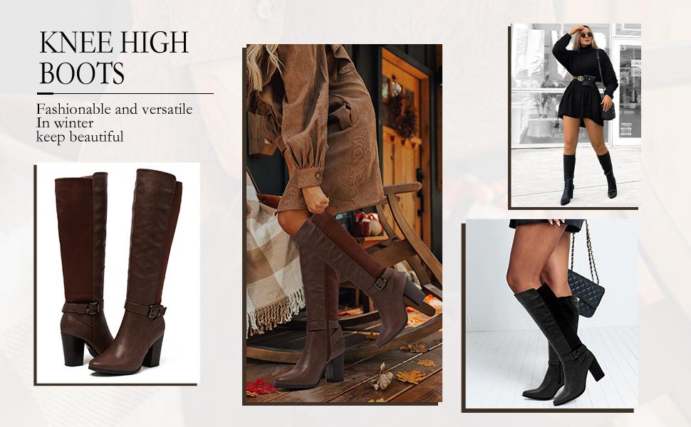 Women's Heeled Knee High Boots Zip Up High Chunky Heeled Boots Women's Heeled Knee High Boots Zip Up High Chunky Heeled Boots
