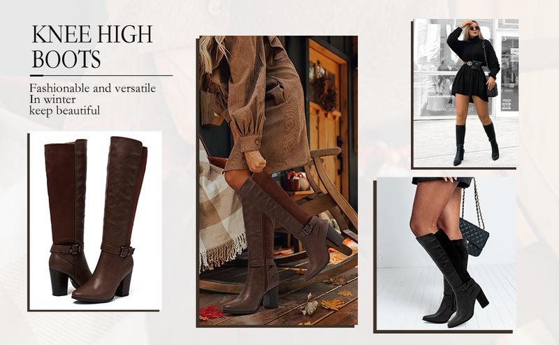 Women's Heeled Knee High Boots Zip Up High Chunky Heeled Boots