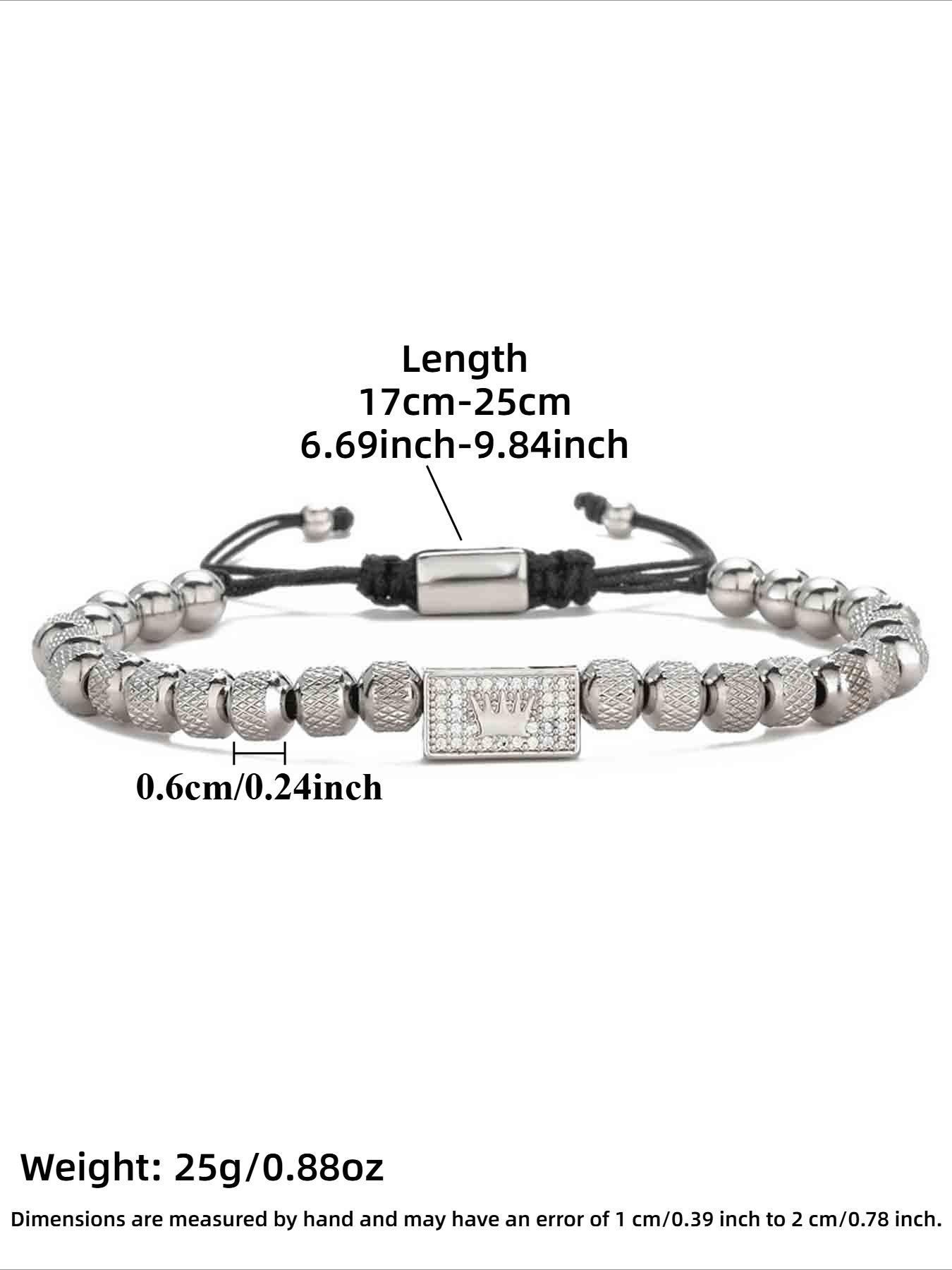 Vintage Stainless Steel Beaded Zircon Crown Handwoven Bracelet, Casual Versatile Men's Trendy Party Adjustable Bracelet, Beaded Bracelets