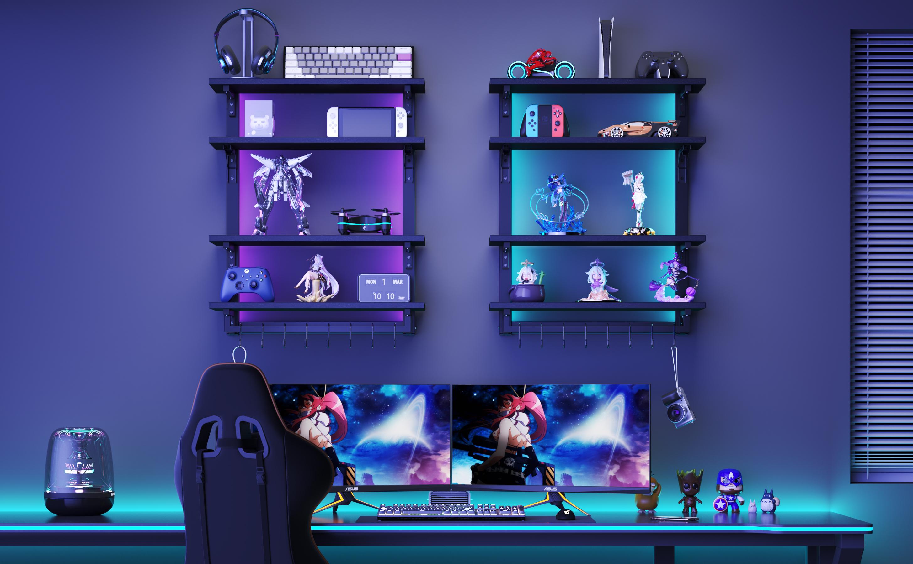 Foldable Gaming Floating Shelves with Adjustable Shelf, 24 Inch Wall Mounted Shelves with Dynamic LED for Living Room Game Room Cologne Holder Wooden Key Mail Holder