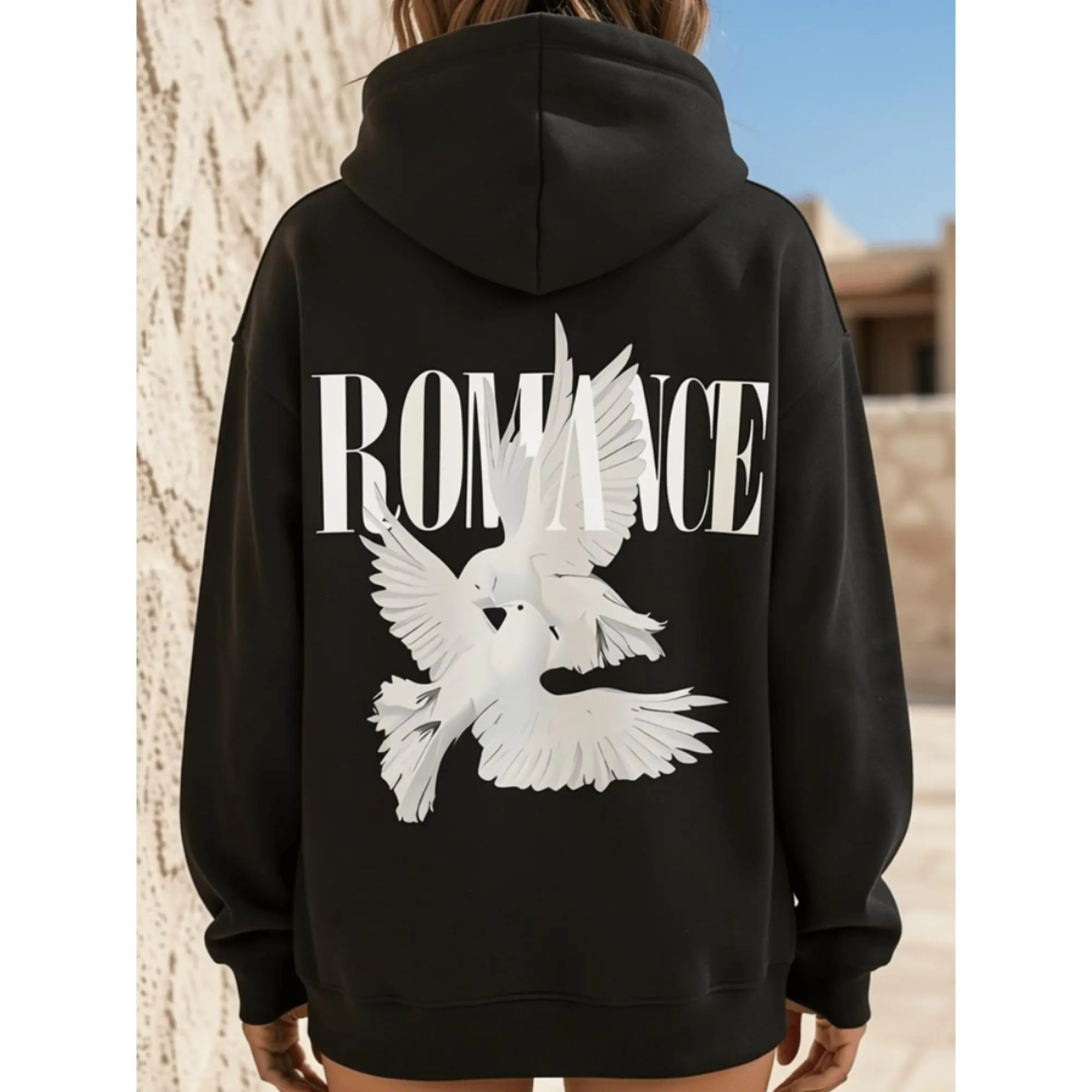 Women's Hooded Sweatshirt with White Dove and Romantic Letter Print - Casual Loose Pullover, Slightly Stretchy, Comfortable for All Seasons, Hoodie Suitable for Daily Wear, Romantic Letter and Dove Design