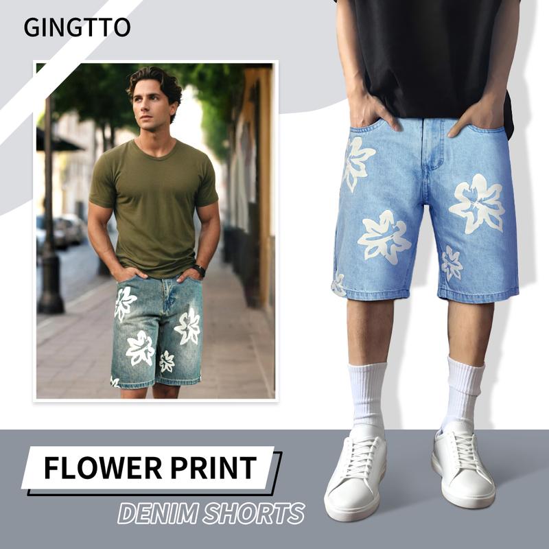 GINGTTO Men's Baggy Denim Shorts Printing Street Hip Hop Shorts Jeans Jorts Men Essentials New Shorts
