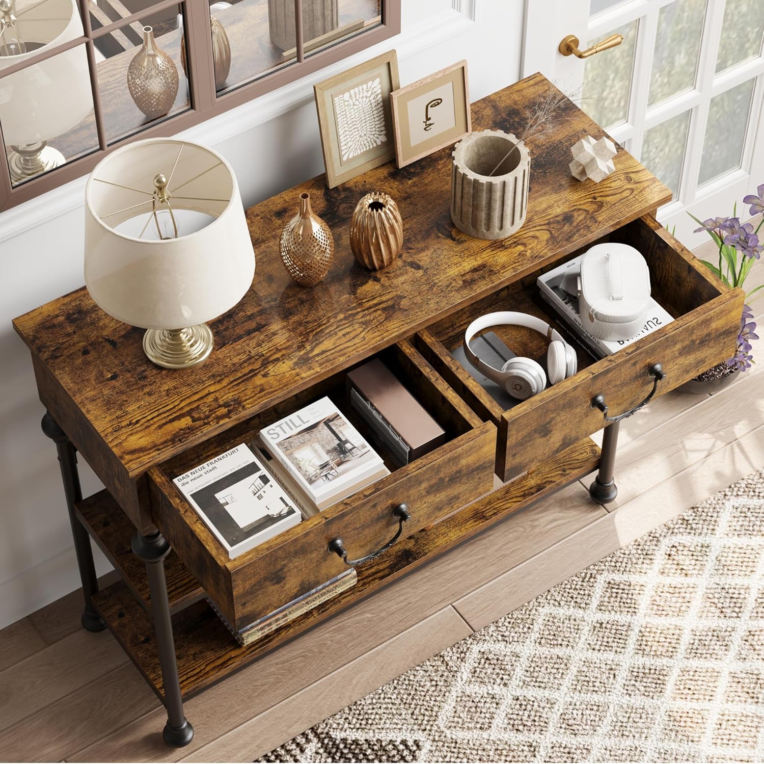 Multifunctional Entryway Table with 2 Drawers & Storage Shelves | Rustic Console Table for Living Room, Hallway & Sofa Area | Versatile Console Tables for Entryway & Home Decor