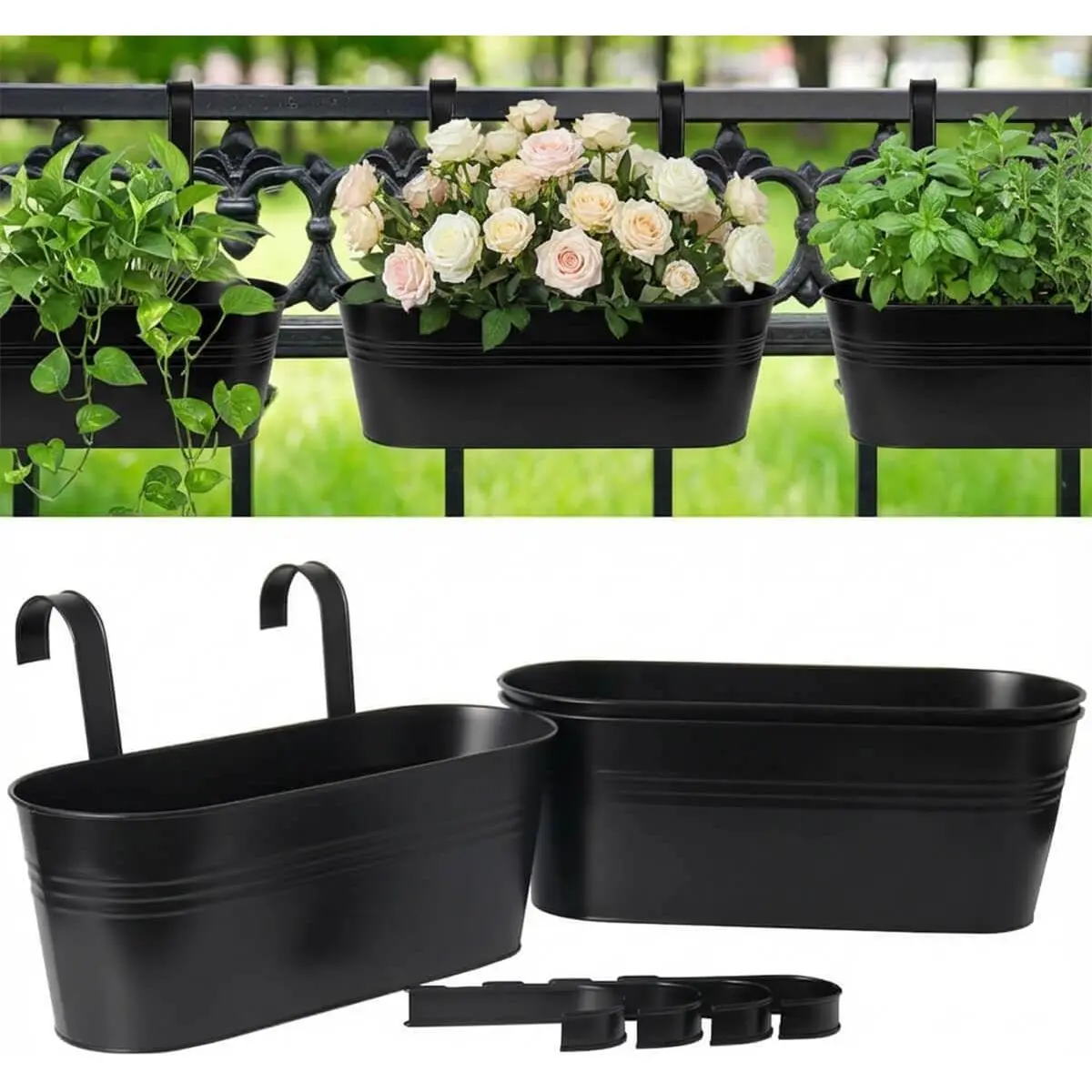 16 Inch Railing Planter for Outdoor  - 3 Pack Large Metal Balcony  Planters with Detachable Hooks and Drain Holes Oval Box Rail Pots for  Garden Fence, Black