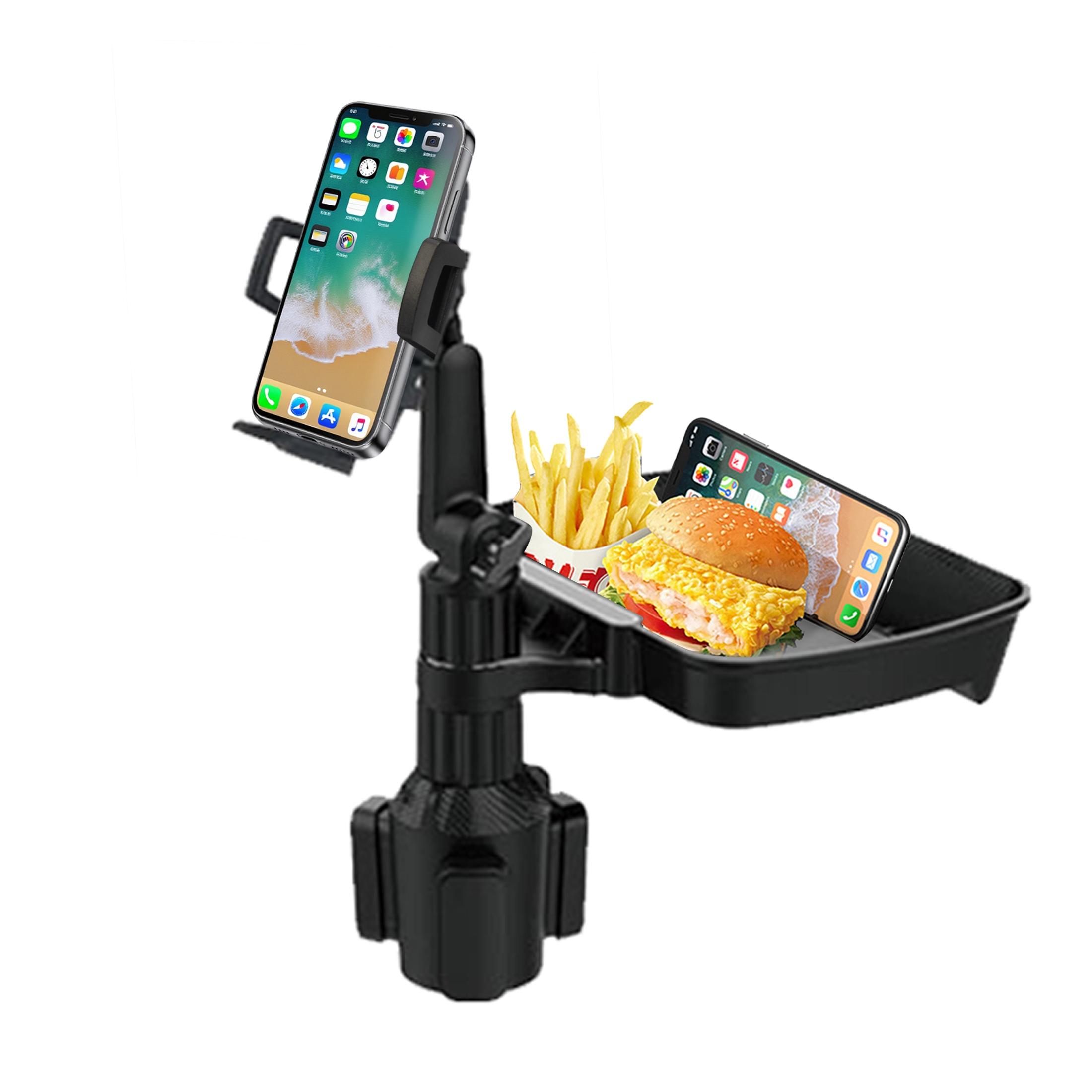 360° Rotatable Car Phone Holder with Cup Holder Tray, Universal Fit for Most Cars, Convenient Drink Food Storage Stand