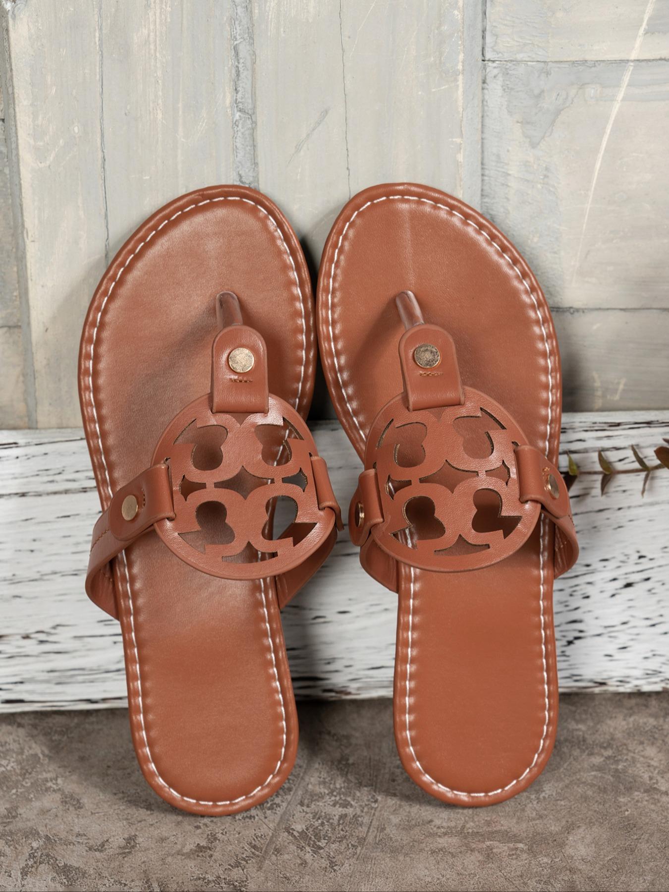 Women's Vintage Hollow Out Flip Flops, Summer Flat Sandals, PU Upper, Rubber Sole, Casual Outdoor Slippers