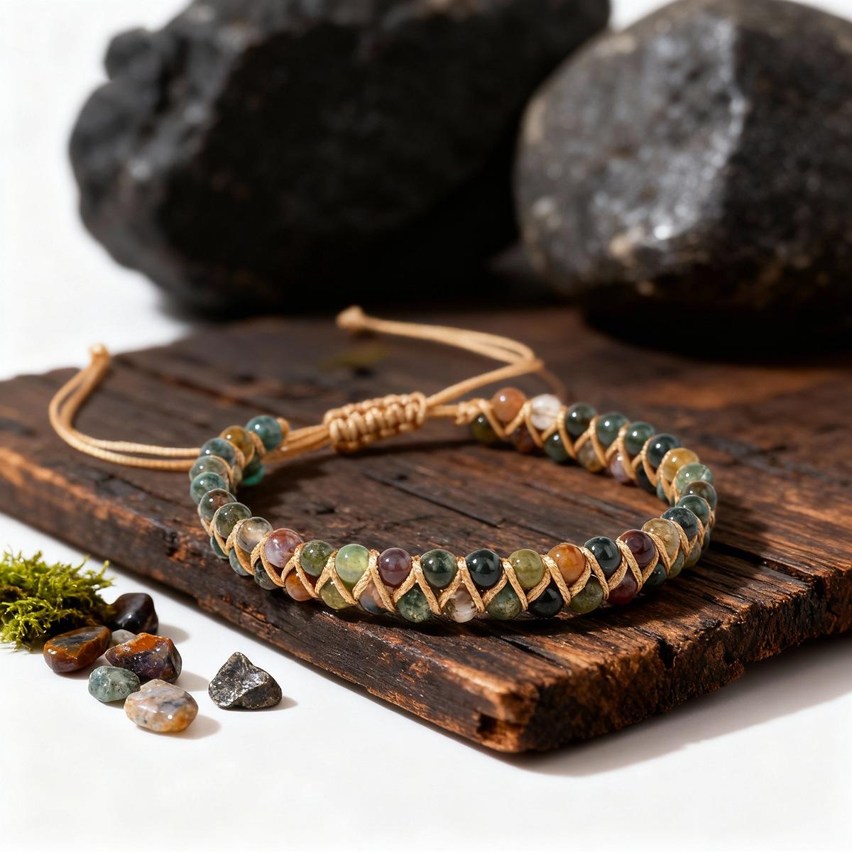 Bohemian Stone Bracelet Crystal Natural Indian Agate Braided Bracelet - Adjustable Macrame Healing Jewelry for Women & Men