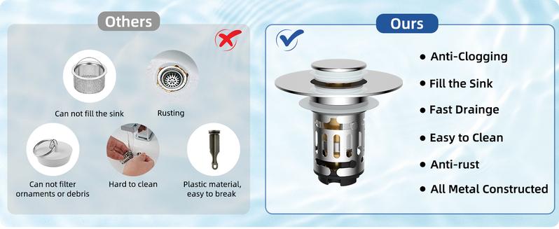 Hibbent Upgraded 3 in 1 Bathroom Sink Drain Strainer, Universal Pop Up Stopper with Removable Stainless Steel Filter Basket Hair Catcher, Sink Plug for 1.1''~2.36'' Basin, Brass Bullet Core, Chrome