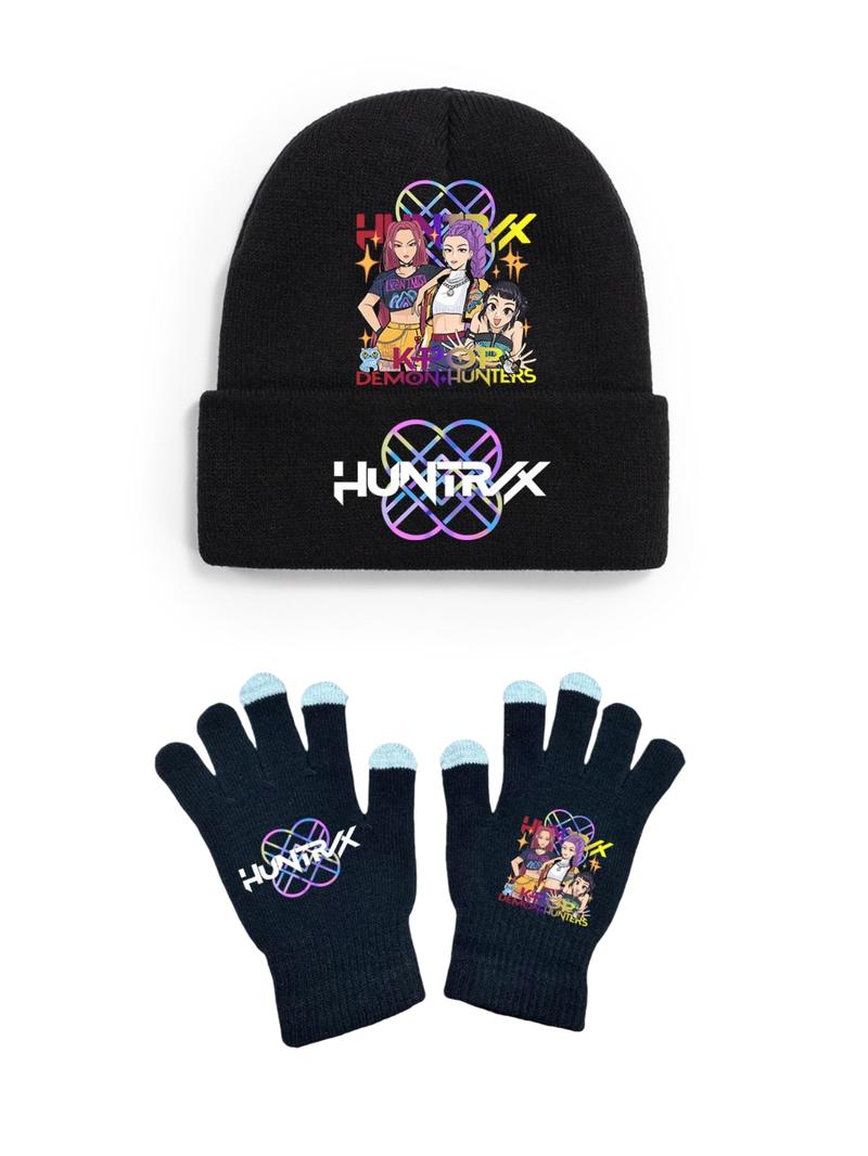 Fashionable Hat & Glove Set for Autumn Winter, Creative Anime Girl Kpop Hunter Series, Unisex Knitted Cap, Christmas Gift Idea