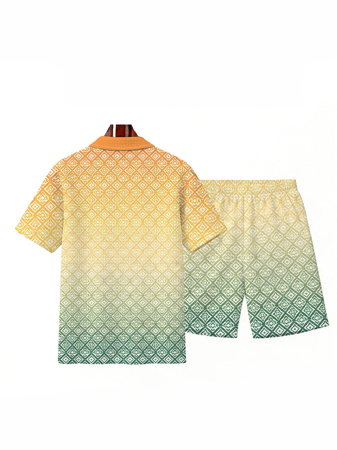 Men's Gradient Plaid Waffle Texture Polo Set, Large Size Zipper Top, Summer Colorblock Casual Daily Wear Two-Piece Set