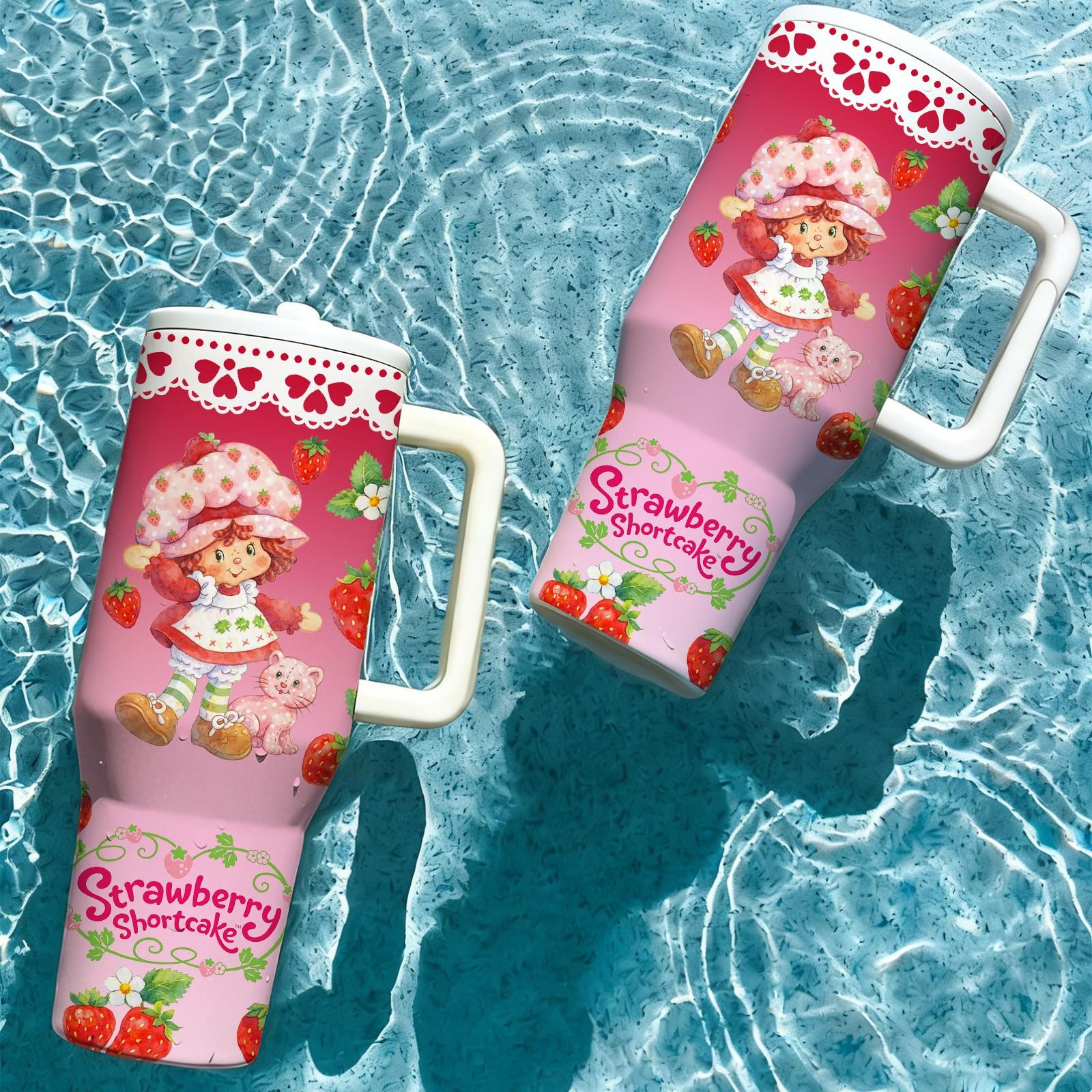 AuraCup 1pc 40oz Insulated Tumbler with Handle and Lid, Cute Strawberry Girl Cartoon Design Stainless Steel Travel Mug, Sweet Pink Berry Theme Coffee Water Cup, Double Wall Vacuum Tumbler for Hot Cold Drinks, Large Capacity Gift for Cute Aesthetic Lovers,