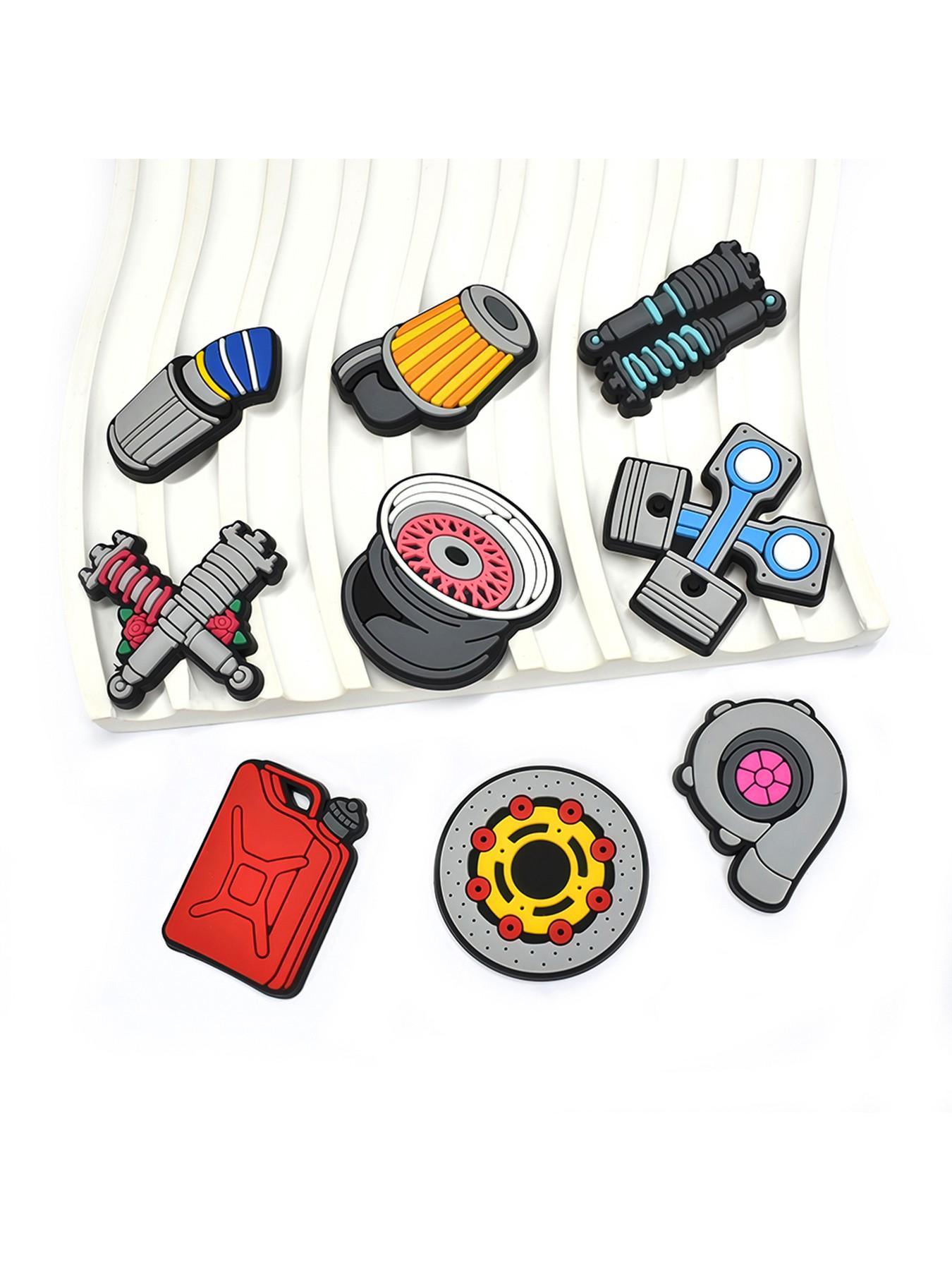 12pcs, soft plastic, auto parts tool design shoe charms, shock absorber shape shoe accessories, gasoline barrel design shoe accessories decoration, suitable for sandal garden shoes, diy accessories party gift